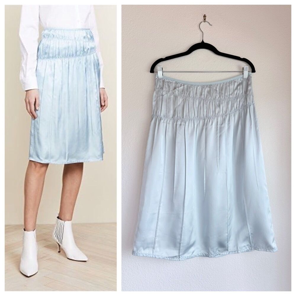 NEW Helmut Lang Ruched Satin Viscose Slip Skirt Lark Light Sky Blue NWT Size 10